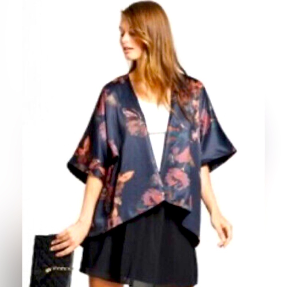 A New Day Floral Watercolor Print Black Satin Kimono